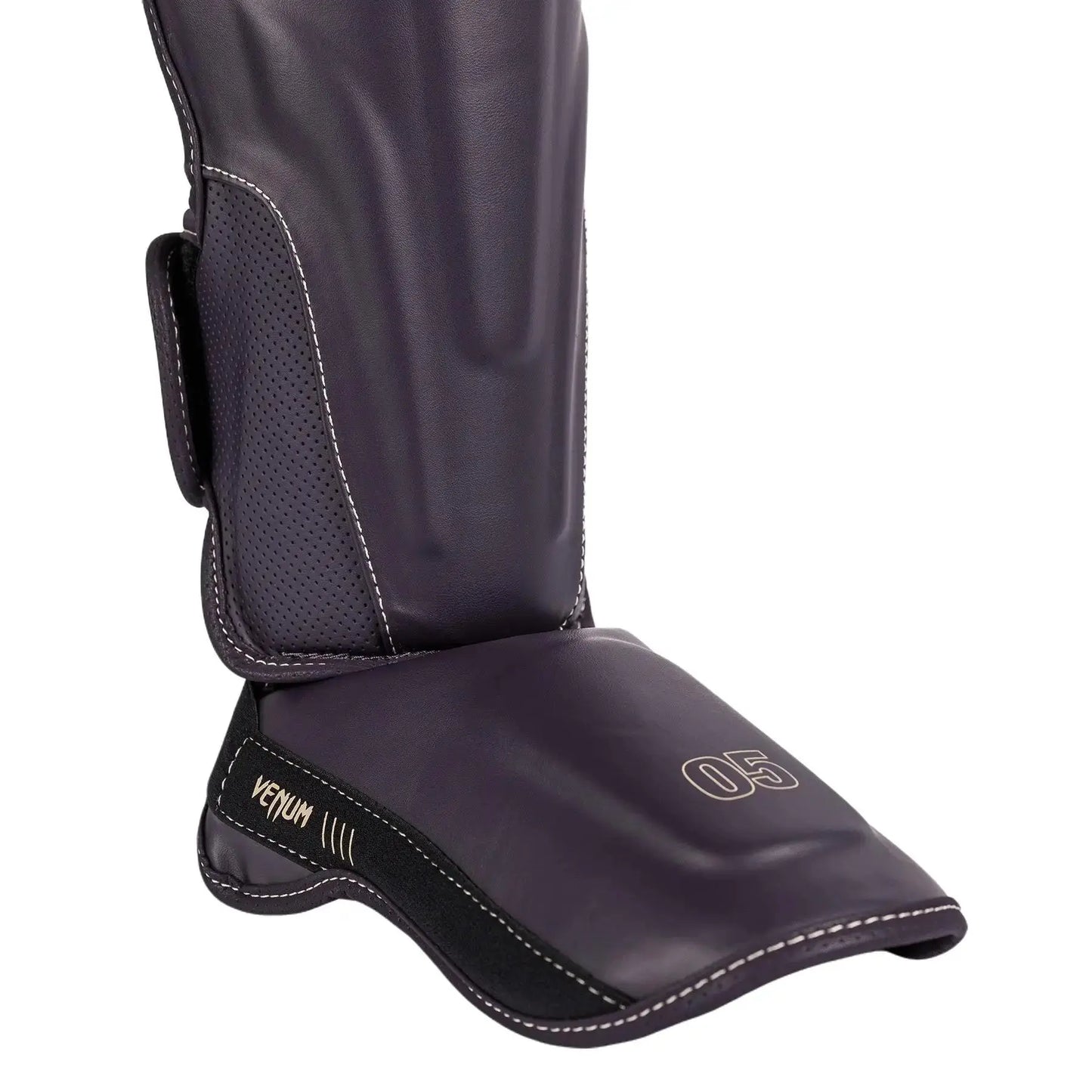 Venum Impact Evo Shin Guards - Deep Purple, Multi-Density Foam, Reinforcement at Tibia & Instep, Two Wide Adjustable Straps, Beige Logo Design