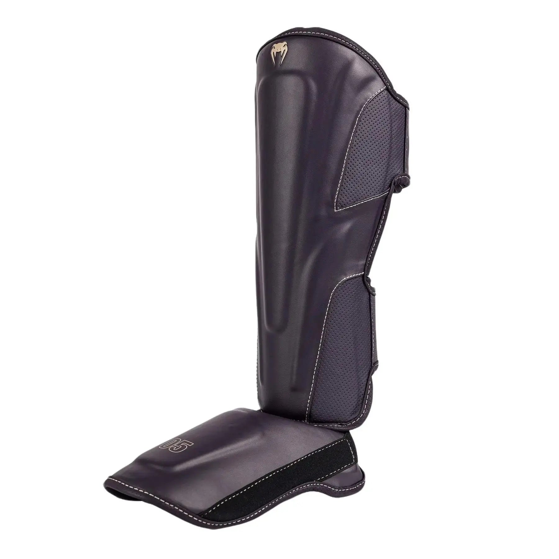 Venum Impact Evo Shin Guards - Deep Purple, Multi-Density Foam, Reinforcement at Tibia & Instep, Two Wide Adjustable Straps, Beige Logo Design