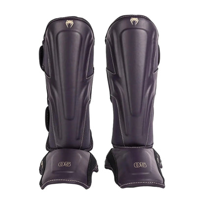Venum Impact Evo Shin Guards - Deep Purple, Multi-Density Foam, Reinforcement at Tibia & Instep, Two Wide Adjustable Straps, Beige Logo Design