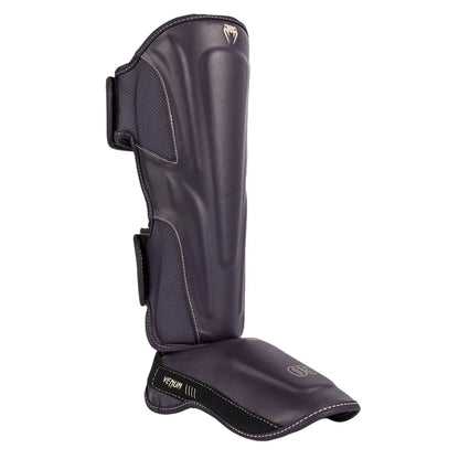Venum Impact Evo Shin Guards - Deep Purple, Multi-Density Foam, Reinforcement at Tibia & Instep, Two Wide Adjustable Straps, Beige Logo Design